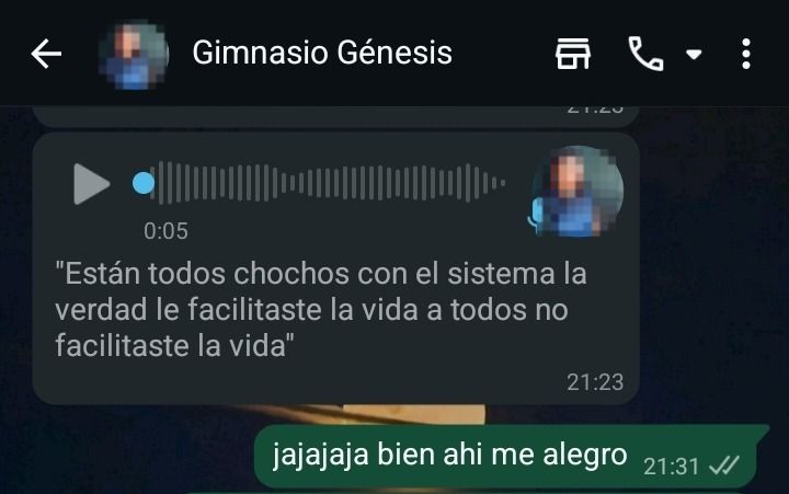Mensaje de WhatsApp del Gimnasio Génesis sobre el sistema